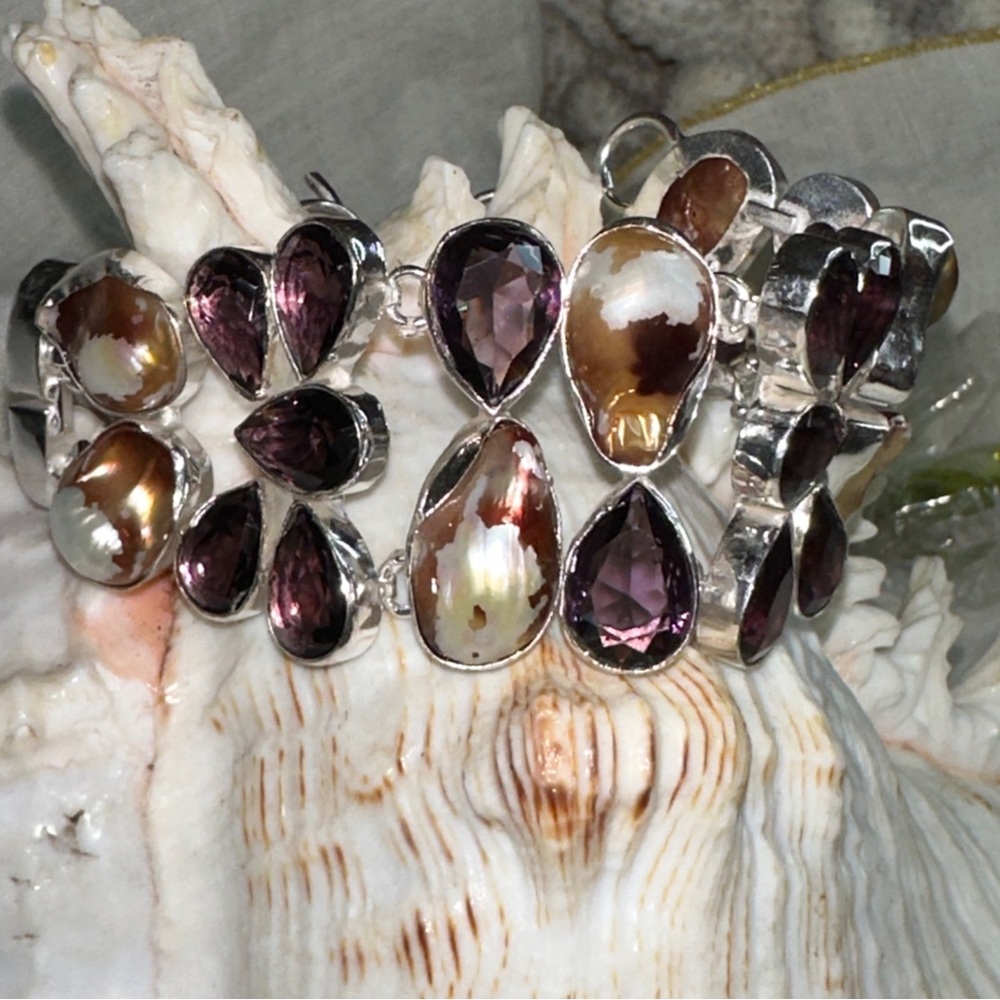 Magestic Plum Amethyst + Biwa Pearl multi-gem cluster statement cuff Bracelet